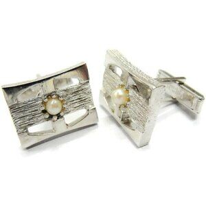 Swank Genuine Pearl Cufflinks Silver Tone Tux Shirt Dress Suit Vintage
